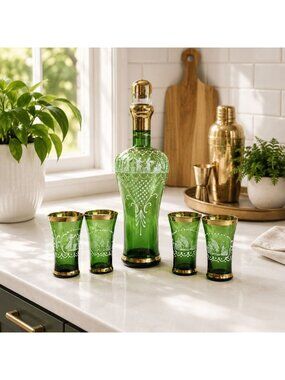 VTG Venetian Murano Green Gold Decanter Set Italy Enamel Greek Scene 4 Glasses